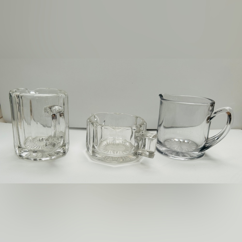 Vintage glass syrup dishes, set of 3. Mint condition. Bright clear glass.